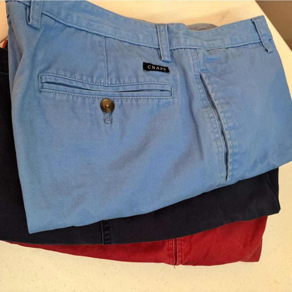 3 Pair of Men's Flat Front Chaps Twill Shorts Red, Navy & Light Blue Size 38